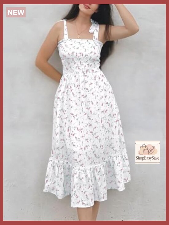 Summer Floral Maxi Dress Boho Tie Strap Sleeveless Smocked A-Line Beach Sundress - Picture 5 of 7